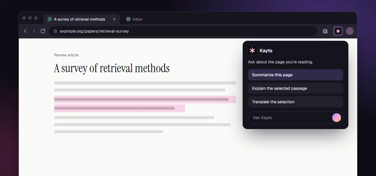 The Kayts extension open over an article in the browser